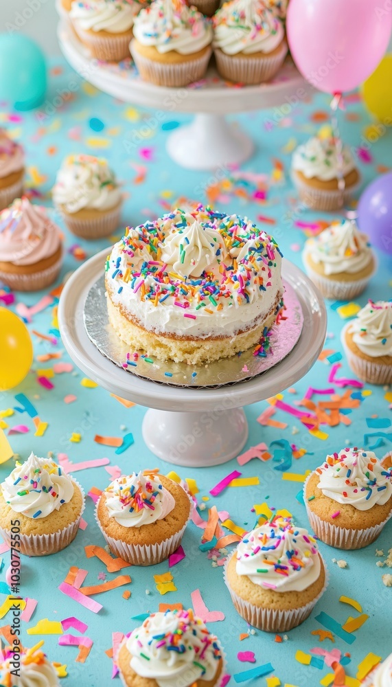 Vibrant Birthday Celebration with Colorful Cupcakes and Confetti for Party Decoration Vibrant Birthday Celebration with Colorful Cupcakes and Confetti for Party Decoration