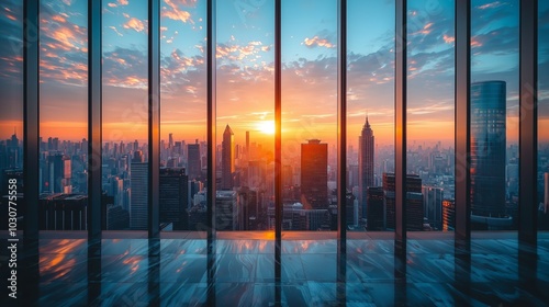 Cityscape at Dawn with Skyscrapers and Soft Sunlight