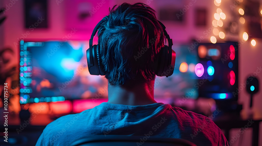 Gamer immersed in a colorful, illuminated gaming setup. Gamer immersed in a colorful, illuminated gaming setup.