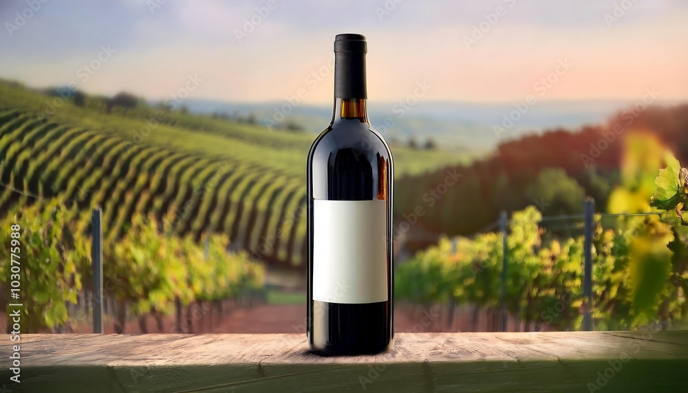 Fototapeta premium Elegant mock-up of a tall amber wine bottle in a vineyard during golden hour with blank label ready for design. Generative AI