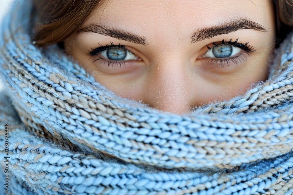 Young woman with blue eyes wrapped in warm scarf, concept of winter, cold weather, or feeling cozy Young woman with blue eyes wrapped in warm scarf, concept of winter, cold weather, or feeling cozy