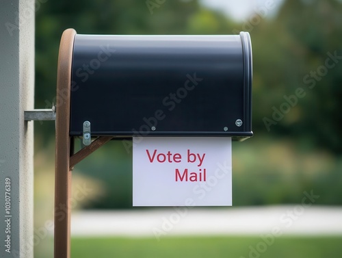 A mailbox displays a sign urging voters to utilize mail-in voting. photo