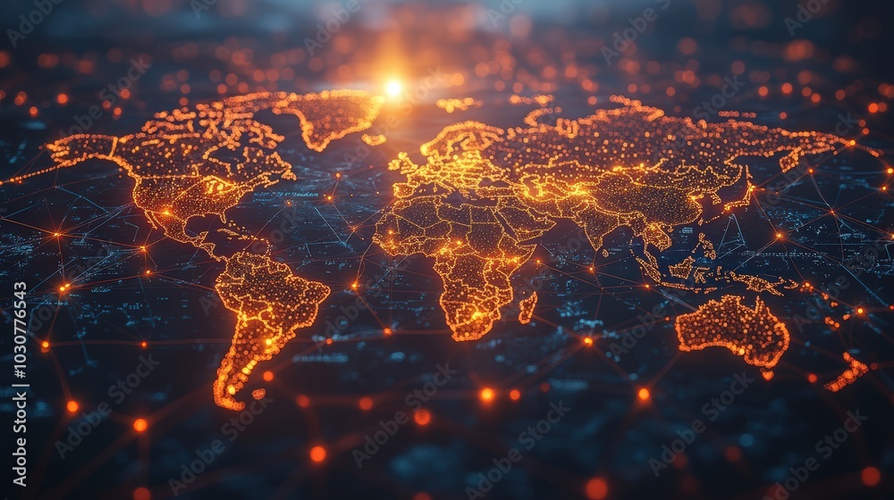 A digital world map visualizes AI-managed global supply chains, highlighting container ship routes for efficient international trade A digital world map visualizes AI-managed global supply chains, highlighting container ship routes for efficient international trade