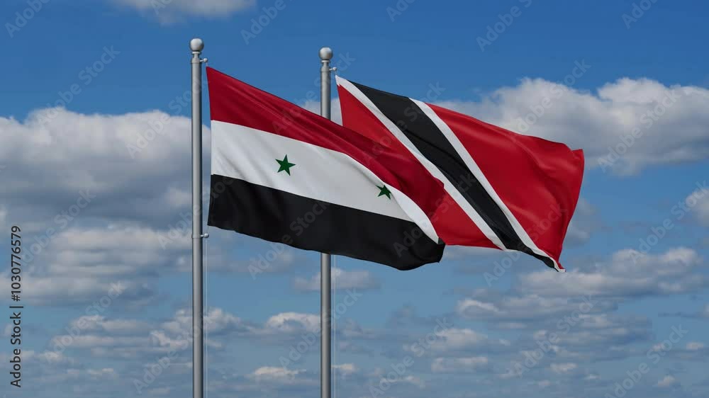 Trinidad and Tobago and Syria flags flying together, video concept of the relationship, two country cooperation concept Trinidad and Tobago and Syria flags flying together, video concept of the relationship, two country cooperation concept
