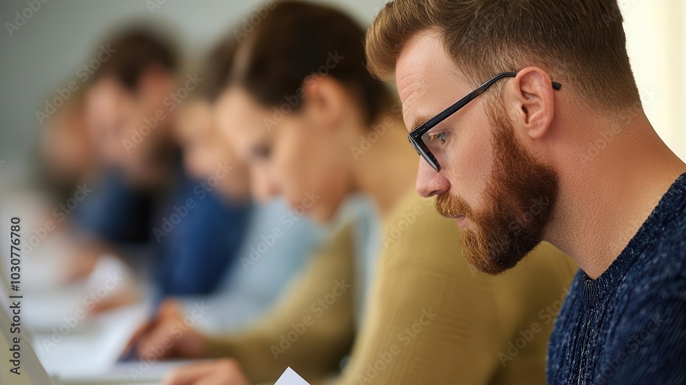 A group of individuals focused on their laptops, engaged in work or study in a collaborative, modern environment.