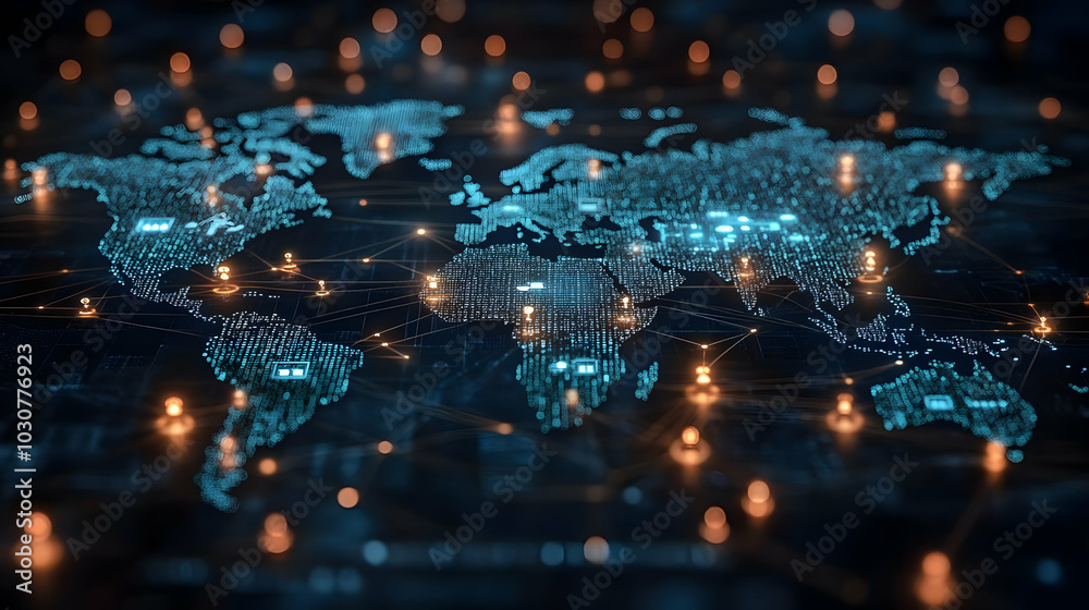Digital map of the world with glowing connections and nodes. Digital map of the world with glowing connections and nodes.