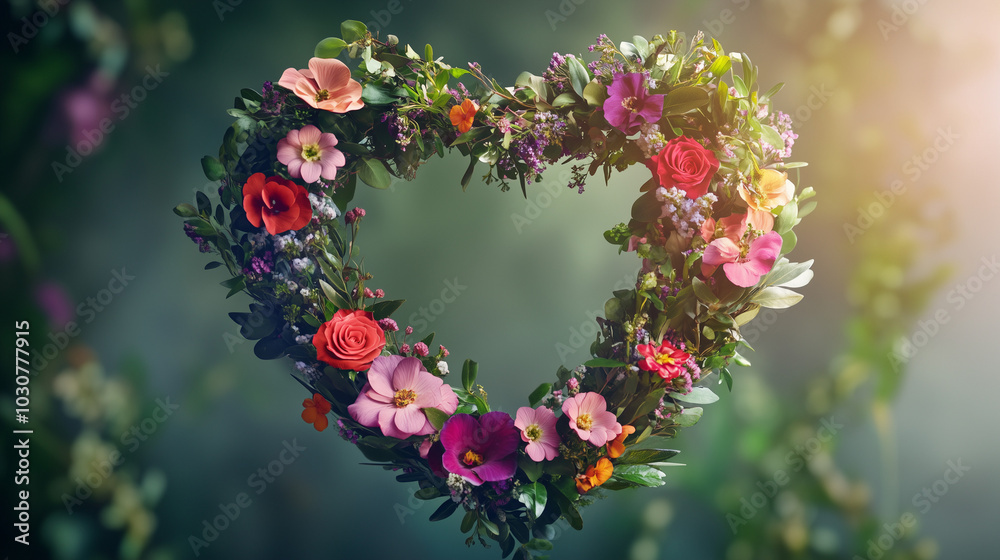 Heart shaped wreath of flowers and greenery Heart shaped wreath of flowers and greenery