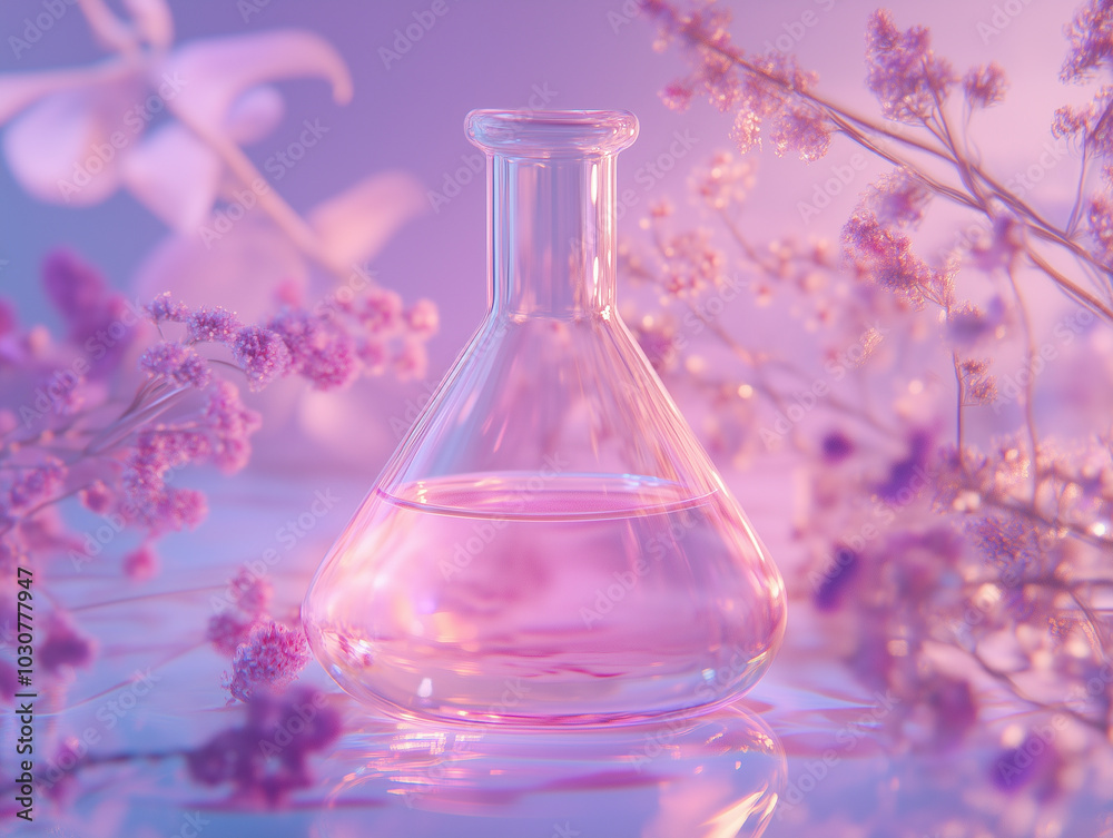 Glass Flask with Pink Liquid in a Dreamy Floral Setup for Scientific and Creative Concepts Glass Flask with Pink Liquid in a Dreamy Floral Setup for Scientific and Creative Concepts