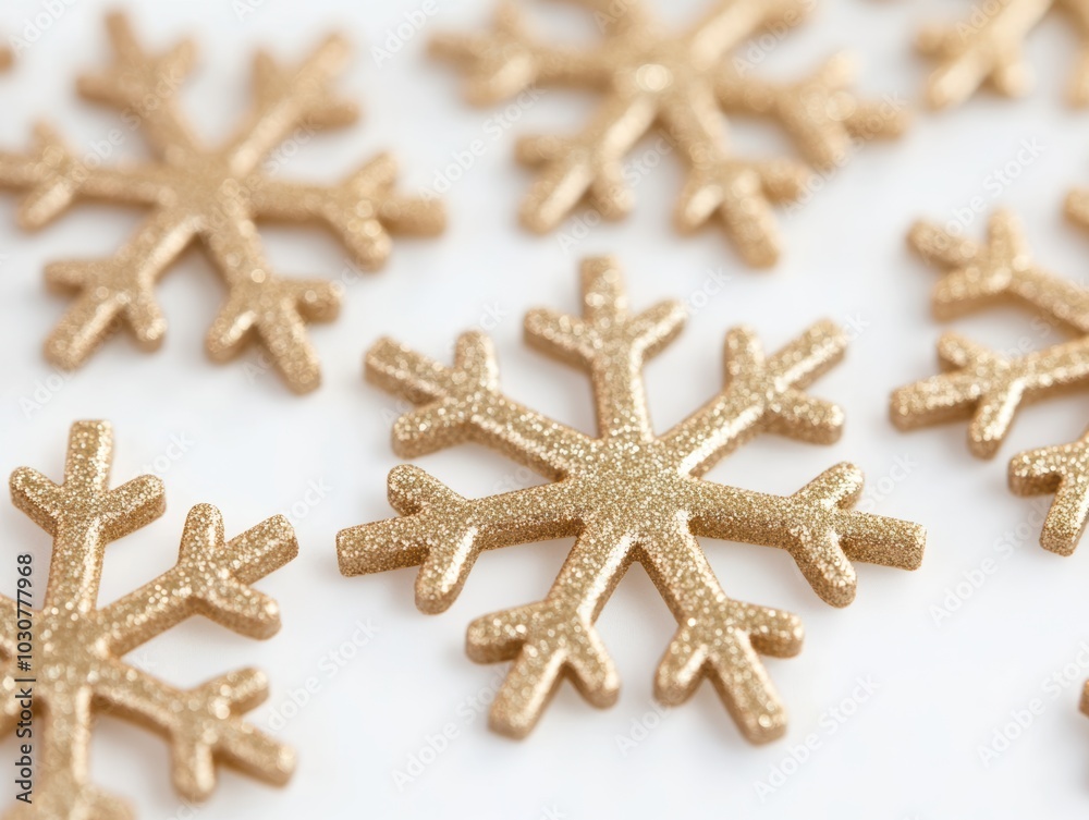 gold metallic glitter snowflakes on an isolated white background gold metallic glitter snowflakes on an isolated white background
