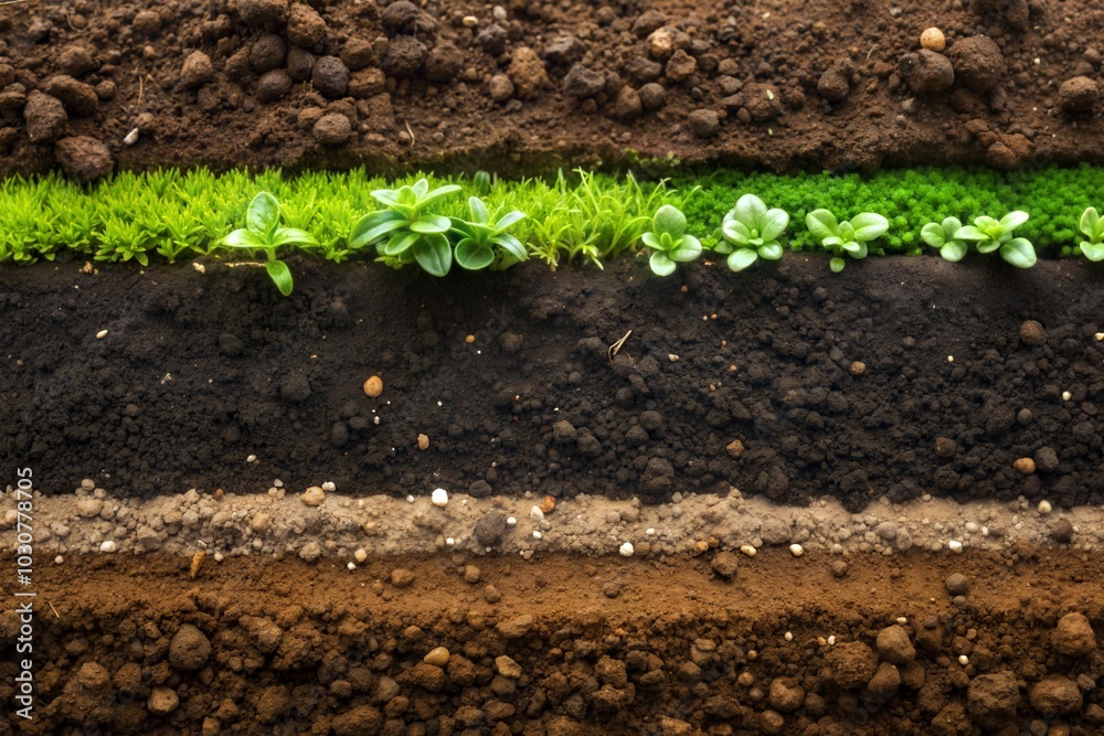 Fototapeta premium Soil layers with green plants emerging from rich dirt texture