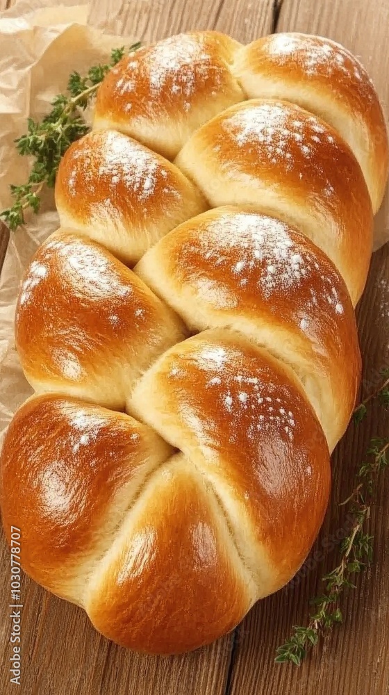 Freshly baked brioche with a braided top resting on rustic wood, accented by scattered herbs and a warm glow in soft lighting Freshly baked brioche with a braided top resting on rustic wood, accented by scattered herbs and a warm glow in soft lighting