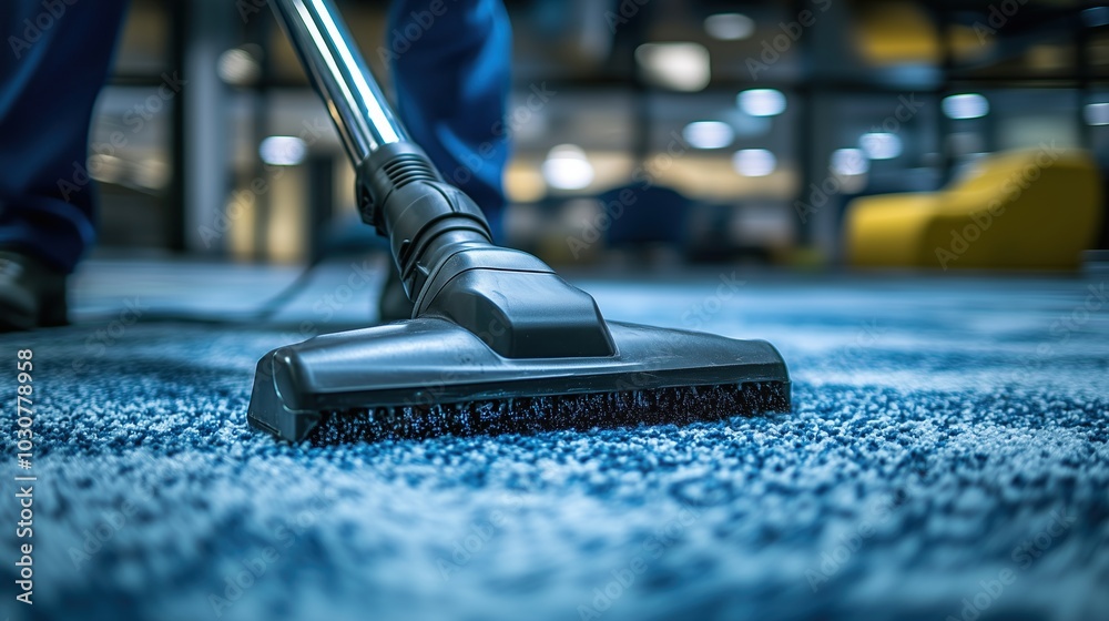 Close-up of a janitor vacuuming a carpet, illustrating the importance of cleanliness Close-up of a janitor vacuuming a carpet, illustrating the importance of cleanliness