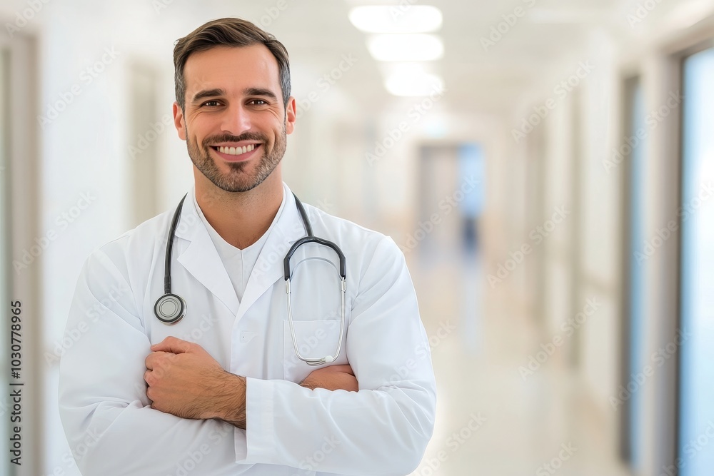 Confident male doctor in white coat smiling with arms crossed in blurred hospital corridor Confident male doctor in white coat smiling with arms crossed in blurred hospital corridor