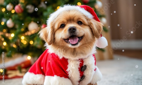 A cute fluffy dog dressed in a full Santa costume