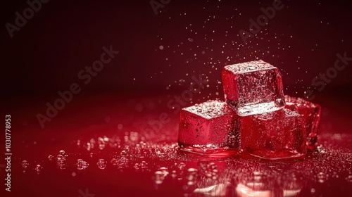 Red Ice Cubes with Water Drops on Red Background Minimalist Design Freshness Cool Ref