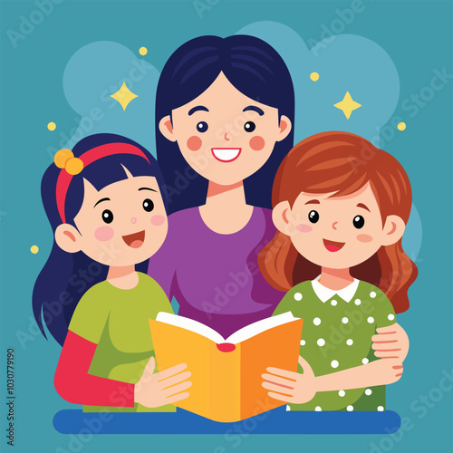 mother with her happy daughters reading a book vector art