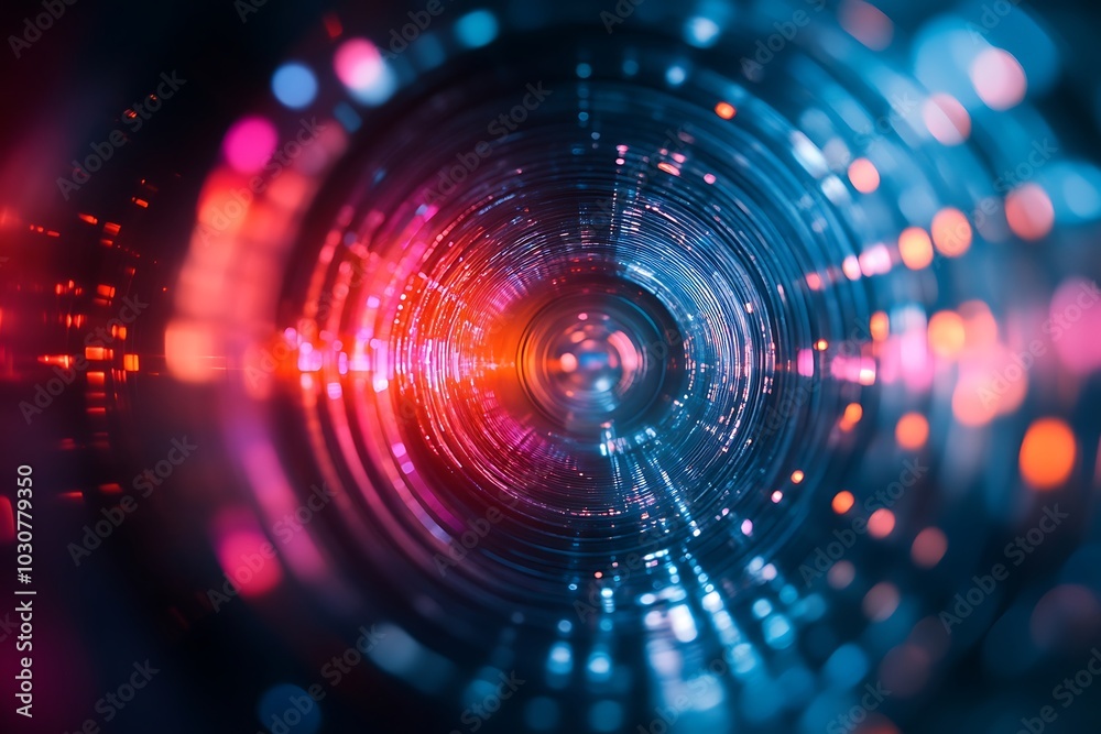 Abstract Psychedelic Tunnel with Red and Blue Lights and Bokeh Effect