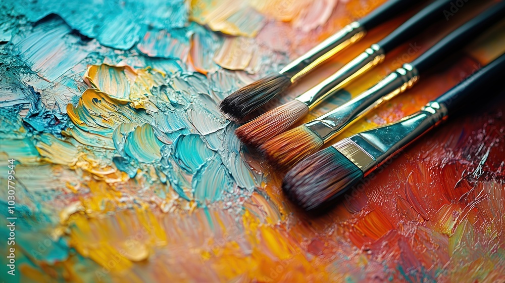 Fototapeta premium Painter's Palette with Brushes on Colorful Thick Oil Paint Texture
