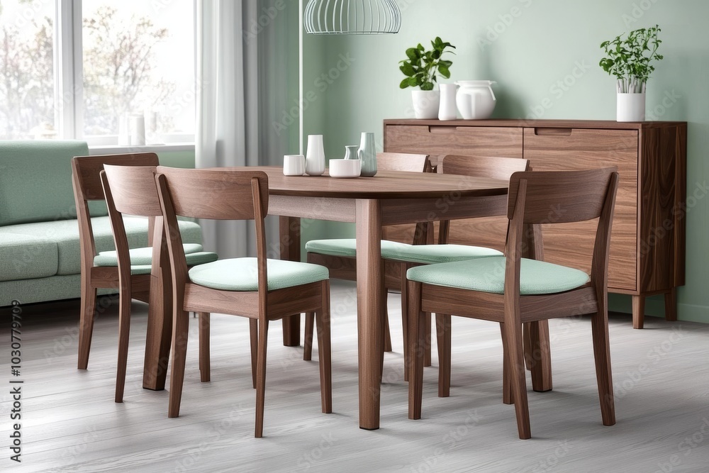 Dining Room with Light Green Walls and Wooden Furniture Dining Room with Light Green Walls and Wooden Furniture