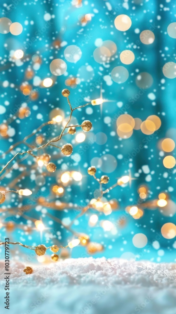 Minimalist design featuring a snowy field and in small lights hanging Minimalist design featuring a snowy field and in small lights hanging