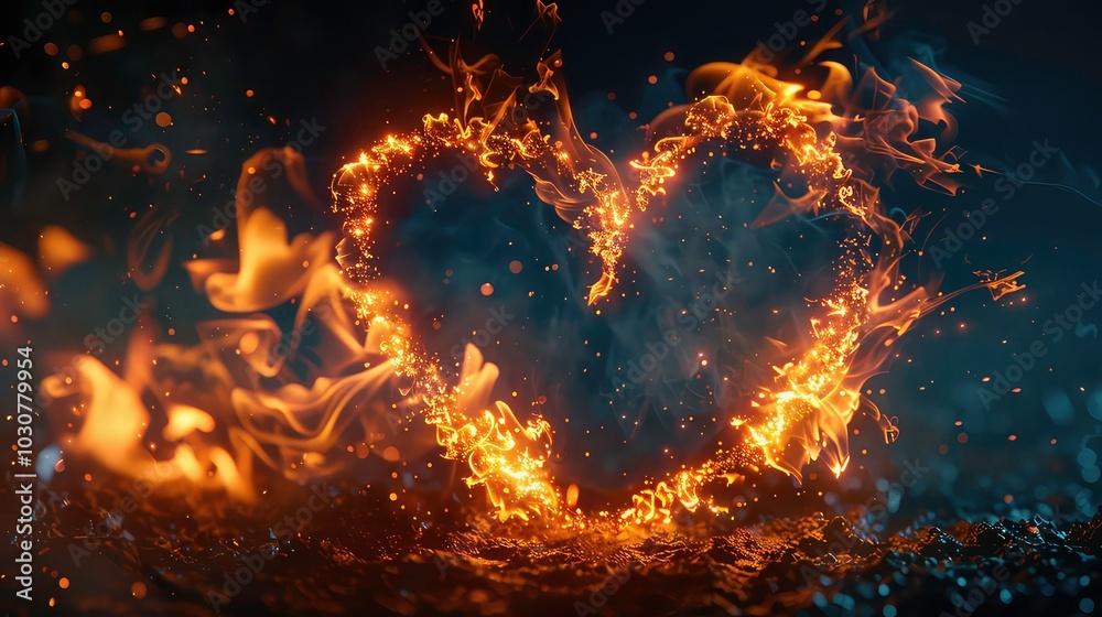 A heart-shaped ring of fire with sparks and smoke on a dark background. A heart-shaped ring of fire with sparks and smoke on a dark background.