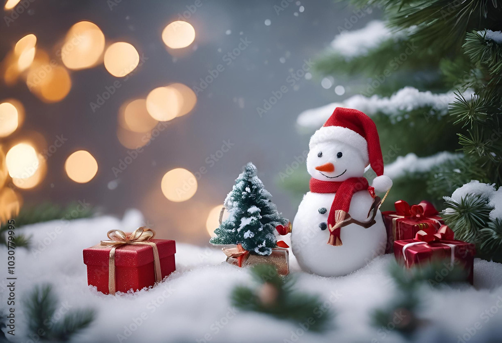A cheerful snowman wearing a Santa hat stands among festive decorations in a snowy landscape during the holiday season A cheerful snowman wearing a Santa hat stands among festive decorations in a snowy landscape during the holiday season