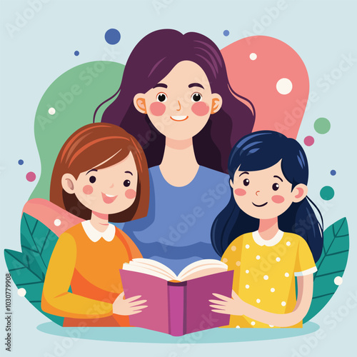 mother with her happy daughters reading a book vector art