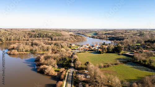 Obraz na płótnie Lac du Jaunay aerial view by drone at Chapelle-Hermier, France w salonie