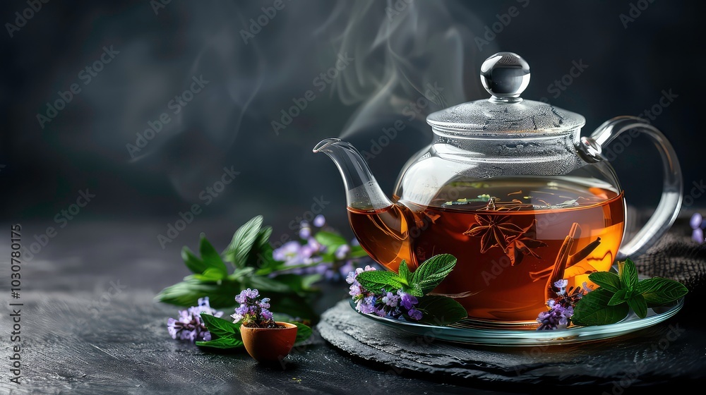 A glass teapot filled with steaming tea, adorned with herbs and flowers, resting on a dark slate coaster.