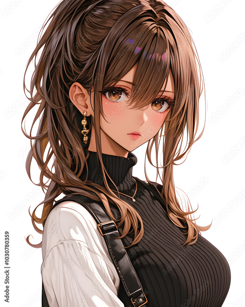 Anime Girl Portrait: Long Brown Hair, Cute and Casual