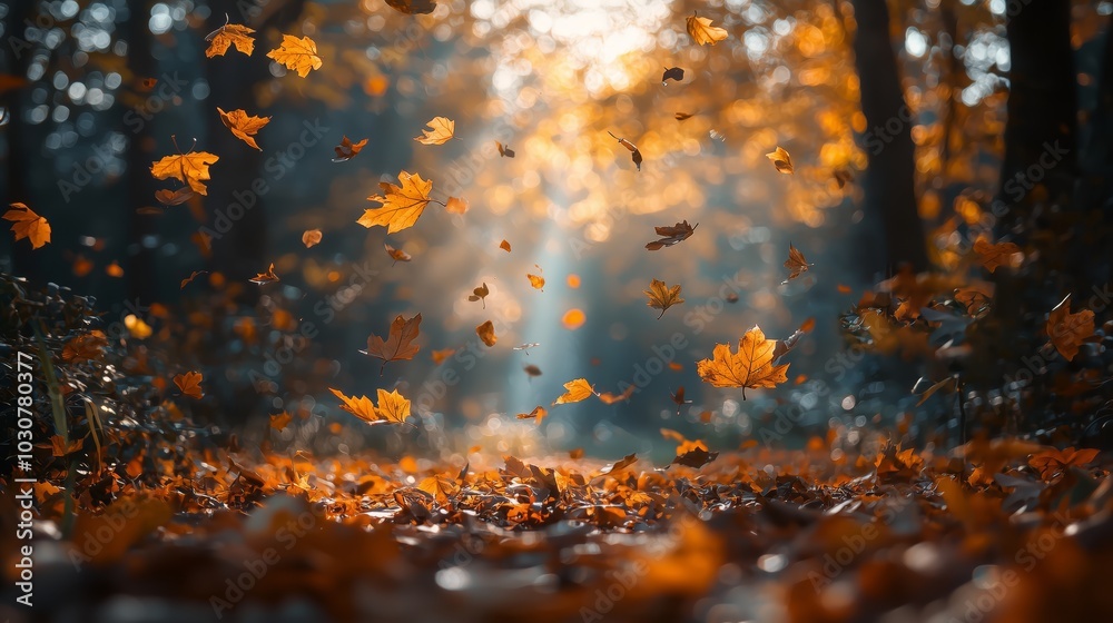 Golden Leaves Fall in Vibrant Autumn Forest Golden Leaves Fall in Vibrant Autumn Forest