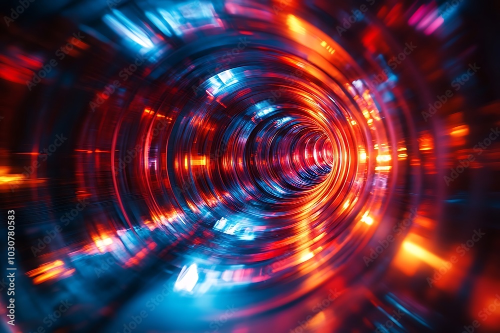 Abstract Red and Blue Neon Vortex Through Lens Aperture