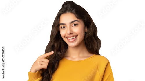 Cheerful Model Pointing Left for Product Placement on Transparent Background