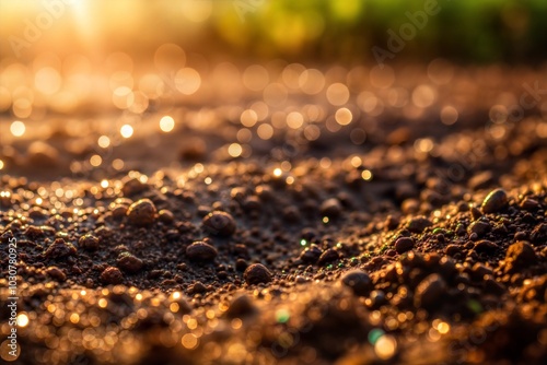 Soil texture illuminated by golden sunset bokeh on dirt photo