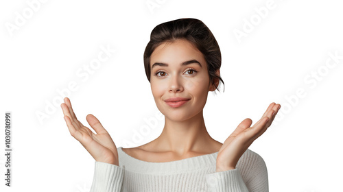 Model Gesturing Left with Both Hands for Product Placement on Transparent Background