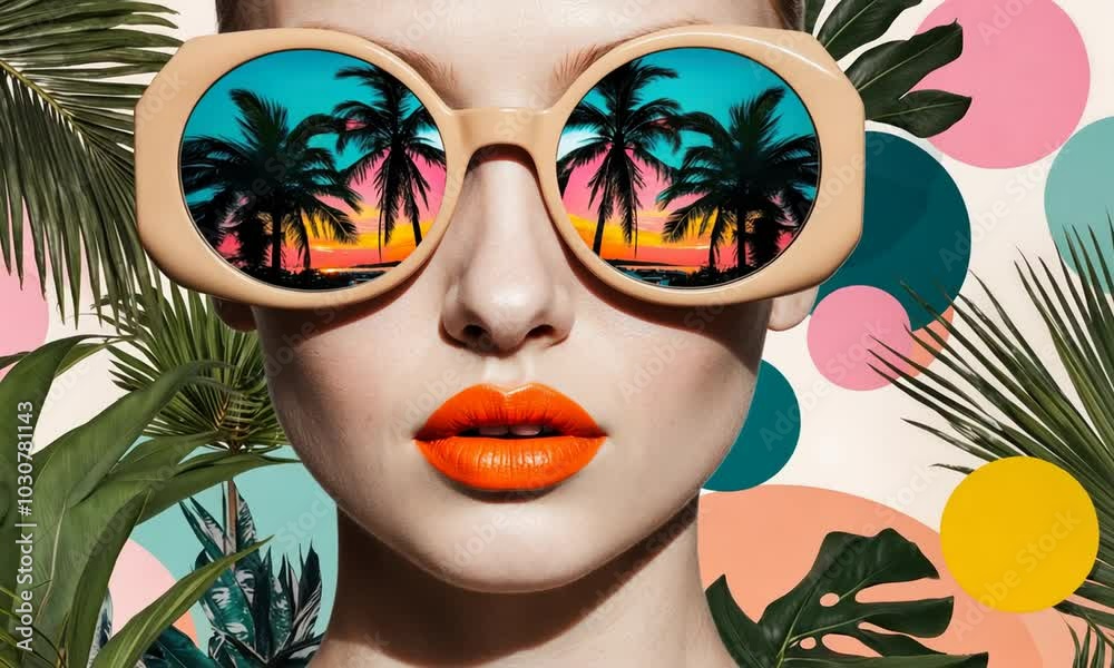 A vibrant portrait of a woman with sunglasses reflecting a tropical sunset in a lush garden setting A vibrant portrait of a woman with sunglasses reflecting a tropical sunset in a lush garden setting