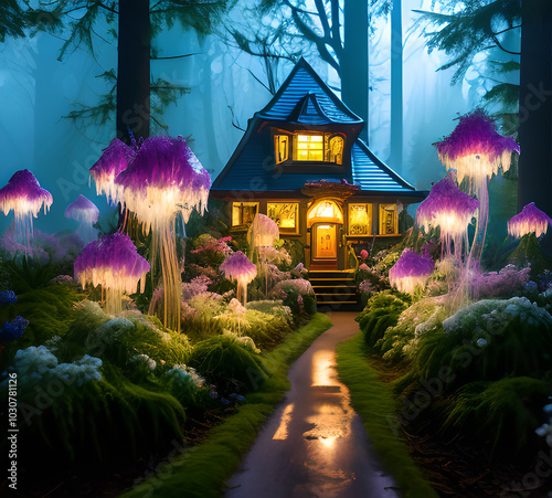 Natural landscape.fantasy world of fairytale country with houses and flowers Cartoon style Advertising for a book.generative ai
