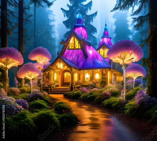 Natural landscape.fantasy world of fairytale country with houses and flowers Cartoon style Advertising for a book.generative ai