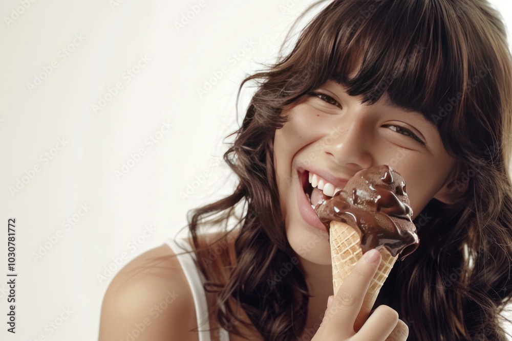 Joyful dark-haired teenage girl relishing a tempting chocolate-dipped ice cream treat Joyful dark-haired teenage girl relishing a tempting chocolate-dipped ice cream treat