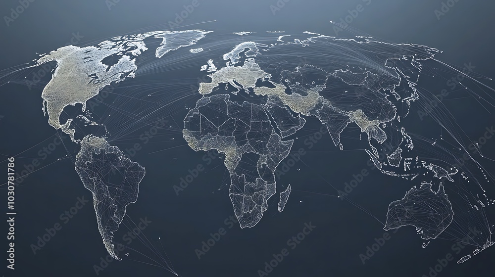Fototapeta premium A stylized world map with continents and countries represented by lines.