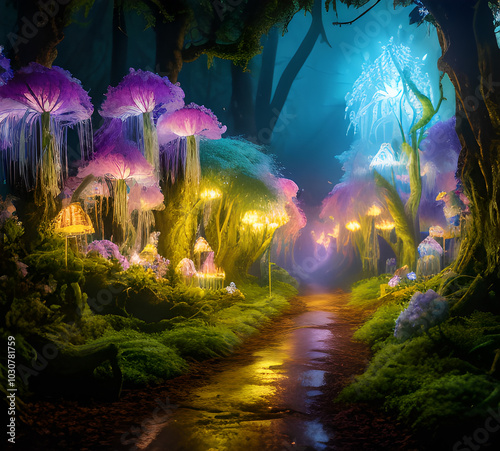 Natural landscape.fantasy world of fairytale country with houses and flowers Cartoon style Advertising for a book.generative ai