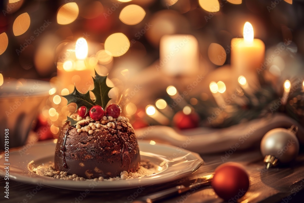 Festive christmas pudding with candle glow and holiday decorations Festive christmas pudding with candle glow and holiday decorations