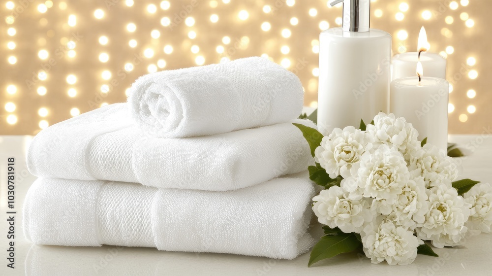 Soft white candles and neatly folded towels rest on a rustic table, complemented by twinkling string lights and a serene snowy view outside the windows Soft white candles and neatly folded towels rest on a rustic table, complemented by twinkling string lights and a serene snowy view outside the windows
