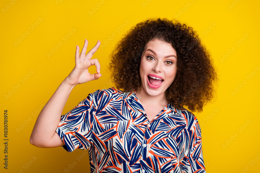 Photo portrait of pretty young girl show okey approve wear trendy colorful outfit isolated on yellow color background Photo portrait of pretty young girl show okey approve wear trendy colorful outfit isolated on yellow color background