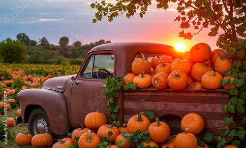 A rustic truck overflowing with vibrant orange pumpkins