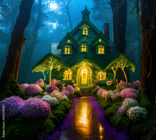 Natural landscape.fantasy world of fairytale country with houses and flowers Cartoon style Advertising for a book.generative ai