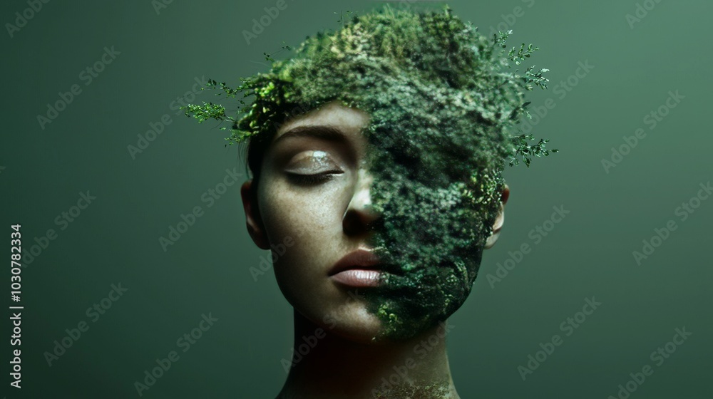 Nature Integration: Surreal Portrait with Leafy Face Transformation in Green Tones Nature Integration: Surreal Portrait with Leafy Face Transformation in Green Tones
