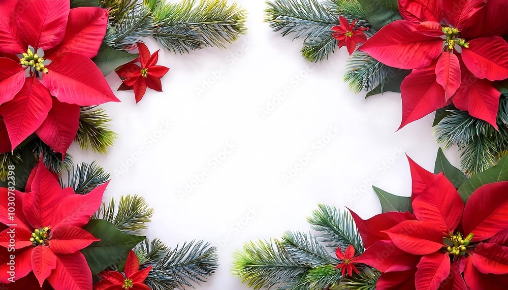 Festive red poinsettias and green pine branches create a cheerful holiday border for seasonal celebrations. Generative AI Festive red poinsettias and green pine branches create a cheerful holiday border for seasonal celebrations. Generative AI