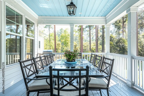 Coastal Style Screened Porch with Light Blue Ceiling, Glass Table, and Black Metal Furniture in North Carolina