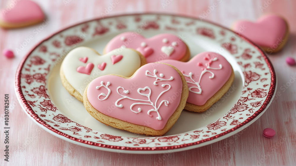 Heart-shaped cookies with patterns and sprinkles on a plate Heart-shaped cookies with patterns and sprinkles on a plate